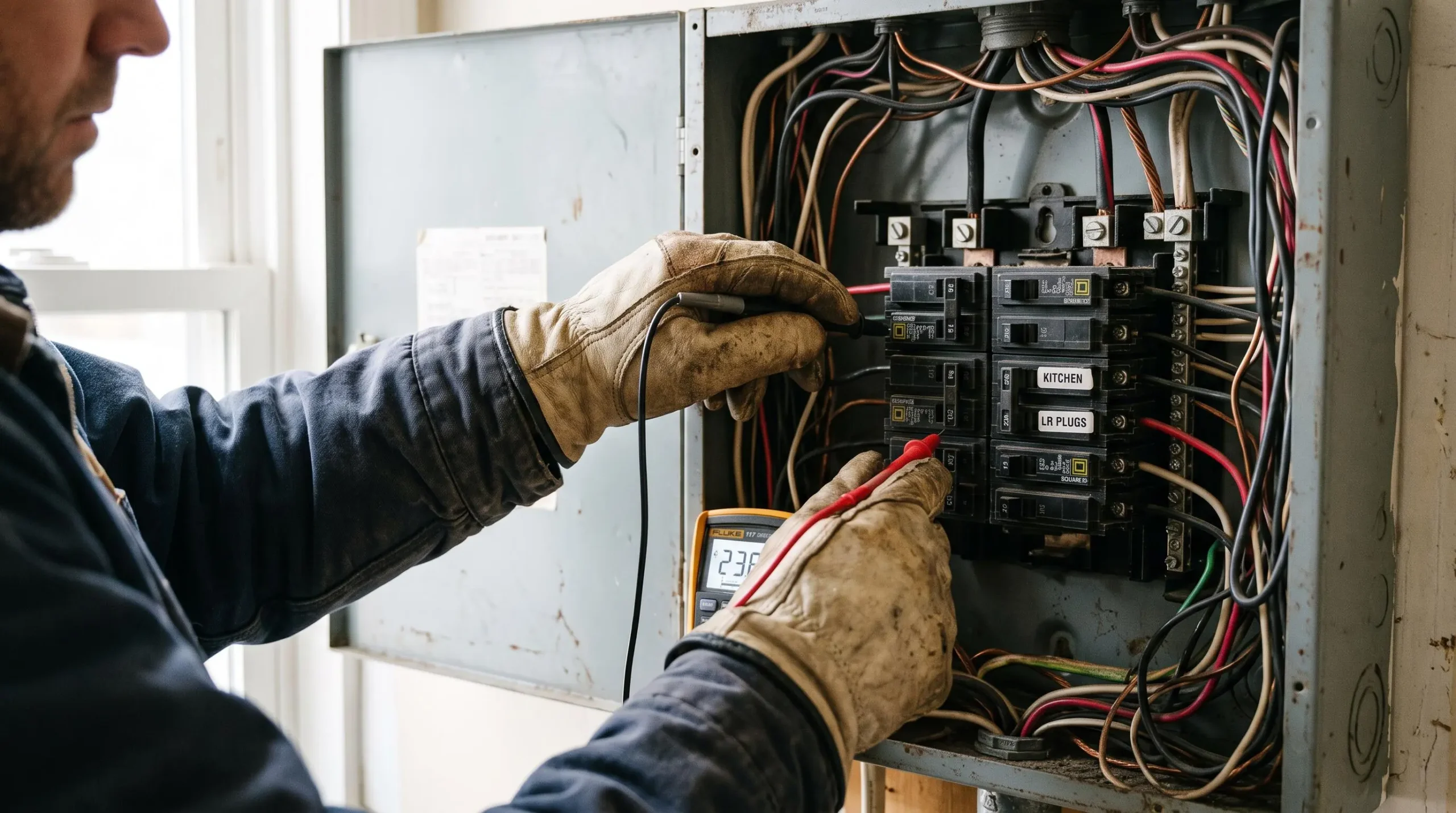Des mains gantées vérifient les connexions électriques d'un panneau avec un multimètre.
